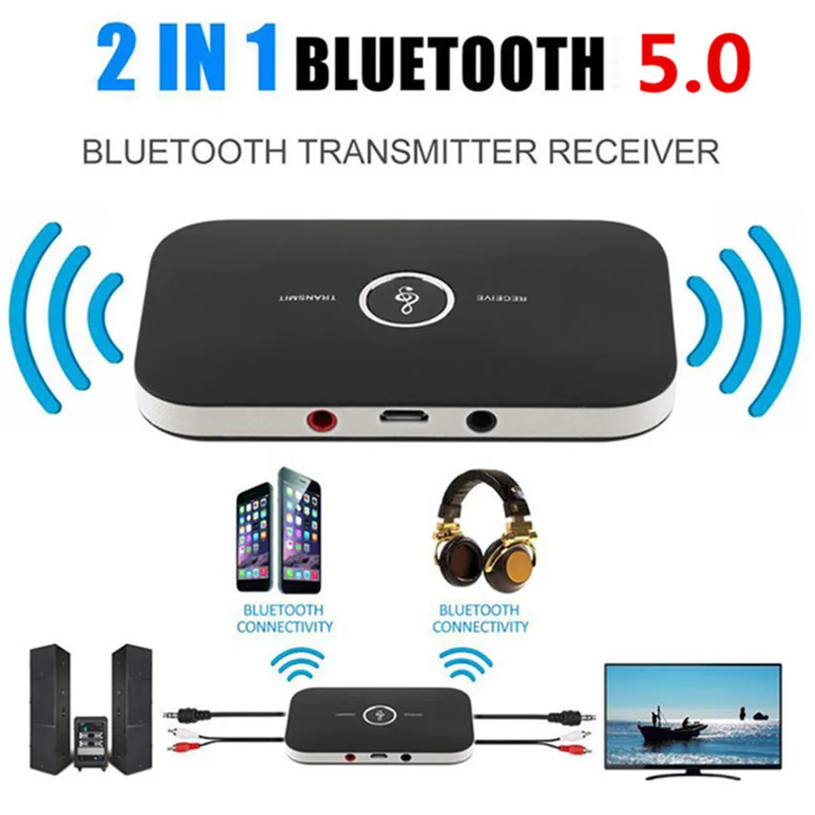 

2-in-1 Transmitter Receiver,Bluetooth 5.0 Wireless RCA 3.5mm AUX Jack USB Audio Music Adapters for Car PC TV Headphones Speakers
