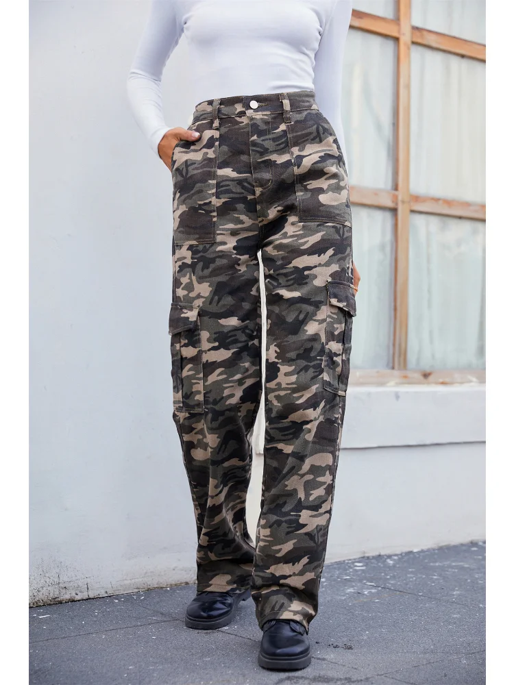 2023 Summer New Women Camouflage Denim Trousers Wide Leg Pants Female Mid Waist Multiple Pockets Trouser Cargo Pants Loose Jeans