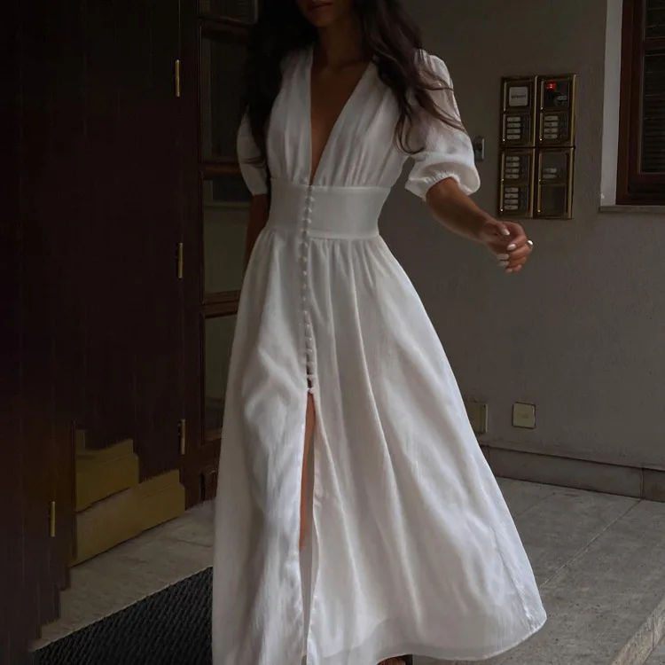 

Women's ins style 2022 new elegant dress with puff sleeves is thin and temperament slim and slit long skirt