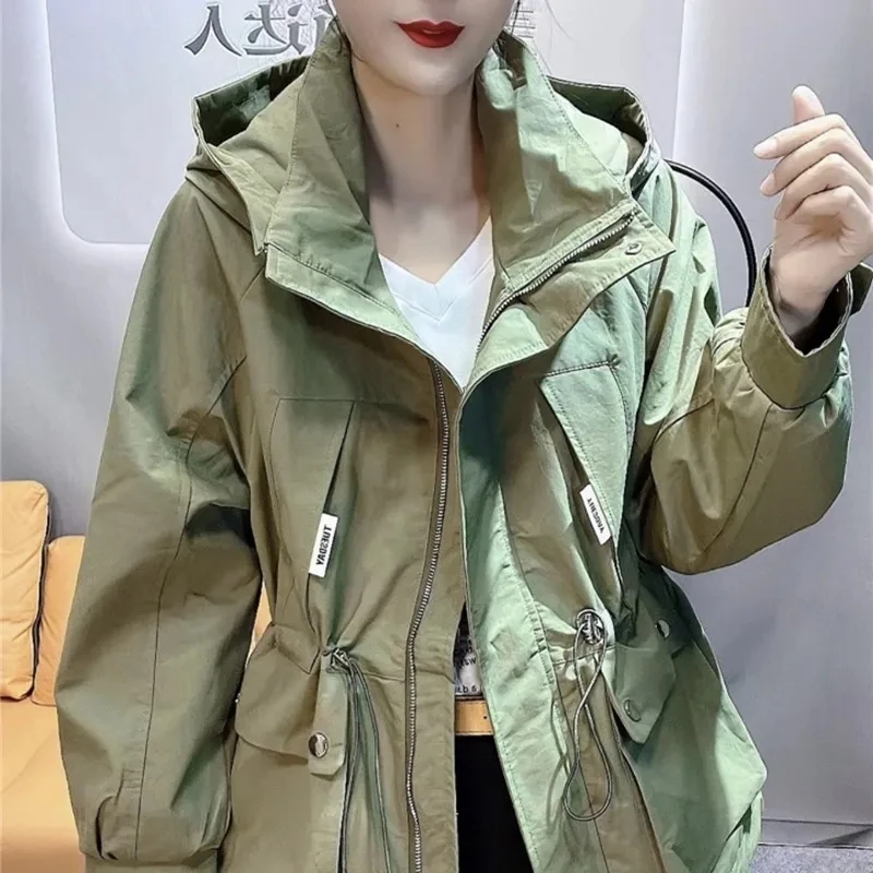 

Hooded Waist Drawstring Casual Tops Large Size Loose Cotton Coat Women Spring Autumn Windbreaker Jackets Girls Outerwear BC346