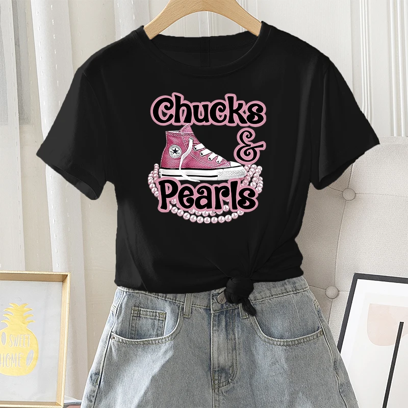 Summer Women T-shirts Graphic Fashion Female Regular Short Sleeve Sneaker Pearl Letter Print Ladies 100% Cotton O-Neck Tees Tops |