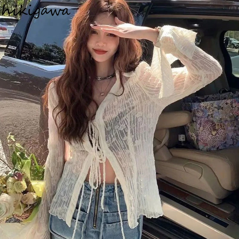 Женские прозрачные блузки с расклешенным рукавом бандажная туника рубашки