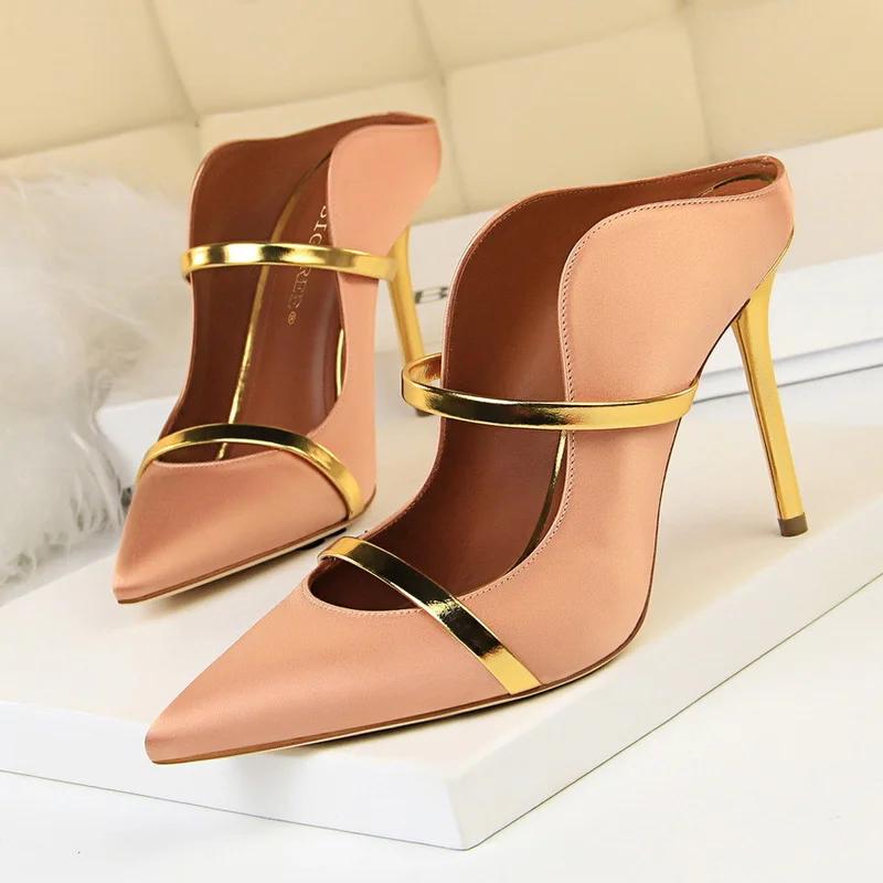 

European and American Sexy Baotou Drag Stiletto High Heels Sexy Thin Pointed Hollow Shallow Mouth One-word Belt Women's Slippers