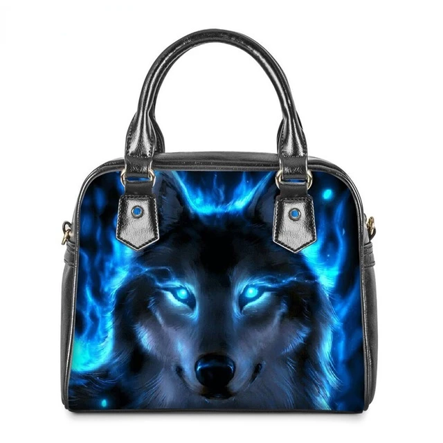 

3D Wolf Printing Lady Shoulder Bag Leather Top-Handle Bag Blue Gray Space Wolf Messenger Bag Daily Hand Bags 2022