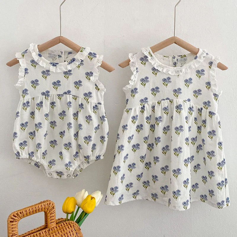 

Summer Toddler Baby Girl Romper Infant Baby Girls Jumpsuit Sleeveless Cotton Print Newborn Baby Girls Dress Sister Clothes