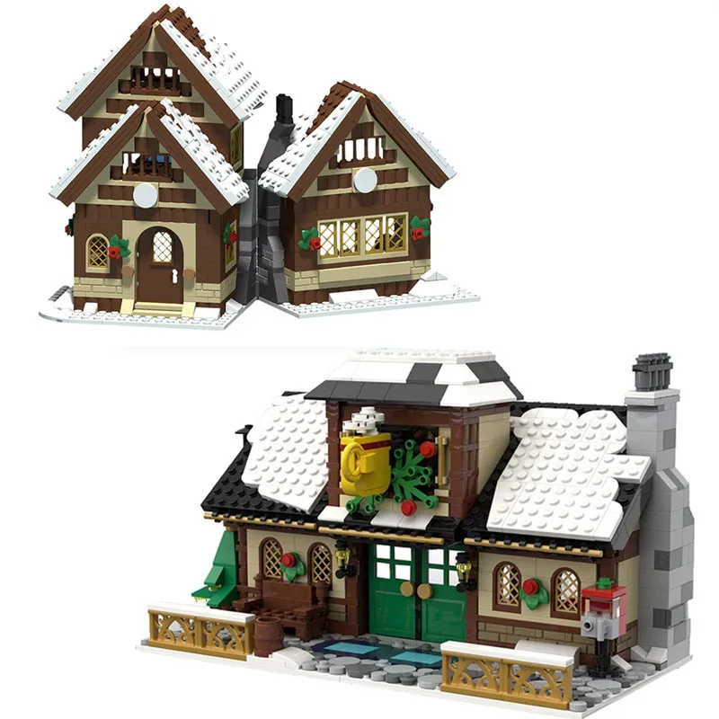 

MOC Christmas Winter Village Cafeby Building Holiday Cottage Streets Cape Reindeer Santa Claus Blocks Kids Friend Toys