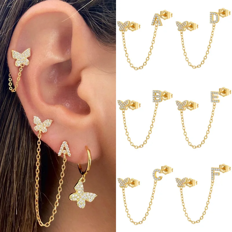 

1 piece Personality exaggerated Earrings Retro Rhinestone Zircon Flower Integrated Double Ear Nail Chain Tassel Ear Nail Chain