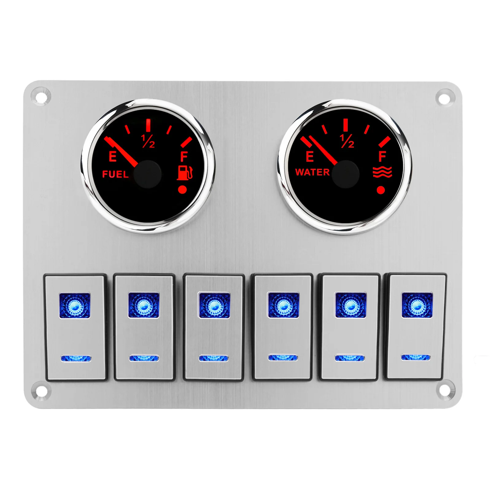 

Silver/Gold 6 Gang Switch Panel With 52MM Gauges Water Level Fuel Level Meter Holes For Truck Camper RV Yacht Marine Car 9-32V