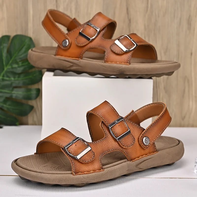 

Summer Handmade Leather Double Button Sandals for Men's Comfortable Roman Sandals Beach Casual Slippers Outdoor Tourism Sandals