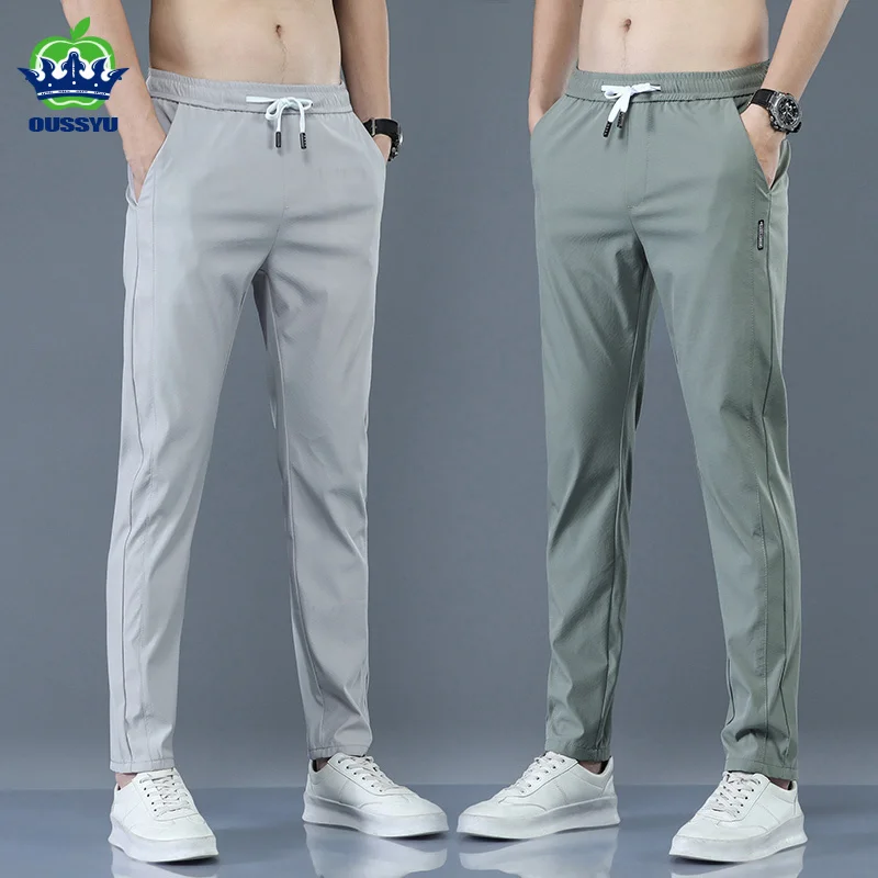 

2023 Men's Trousers Spring Summer New Thin Green Solid Color Fashion Pocket Applique Full Length Casual Work Pants Pantalon