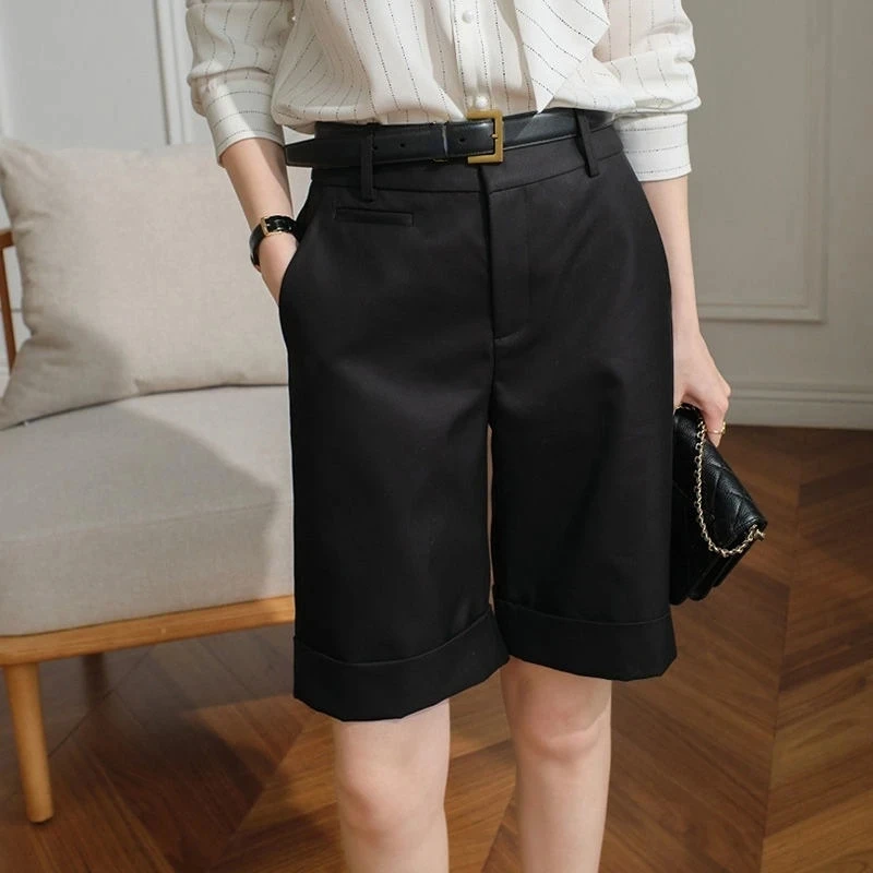 Ladies Summer High Waist Knee Length Straight Shorts with Belt Office Khaki White Black Business Casual Short Suit Pants Women