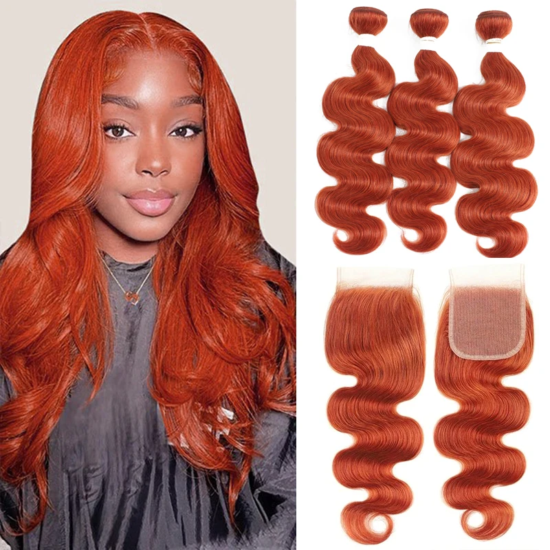Ginger Orange Brown Hair Bundles With Closure Brazilian Body Wave Human Hair Weave Bundles With Closure 100% Remy Hair Extension