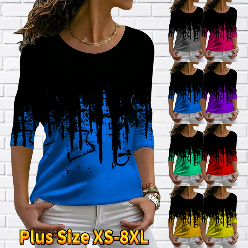 

2022 New Winter Daily Splice Print Tops Vintage Long Sleeve Women's Round Neck Pullover Vintage Loose Size Tee Shirt T-shirt