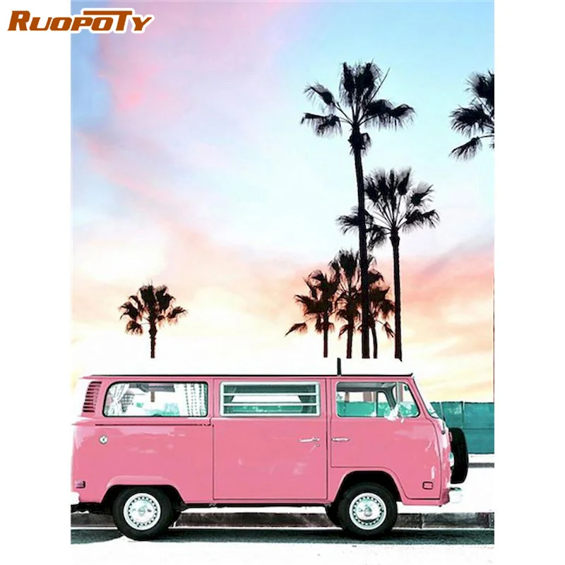 

RUOPOTY Frame Painting by Numbers Pink Bus On Canvas DIY Oil Paint By Numbers Handpaint Number Painting Unique Gift