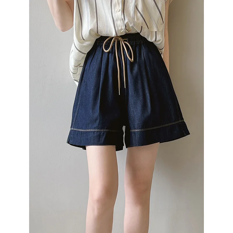 Retro Denim Shorts Women's Loose Versatile Elastic Waist Wide Leg A-line Pants 2023 Summer New Casual Lace-up Short Jeans