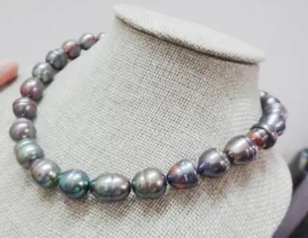 

Huge natural Tahitian genuine 12x13mm black green redish pearl necklace 18inch