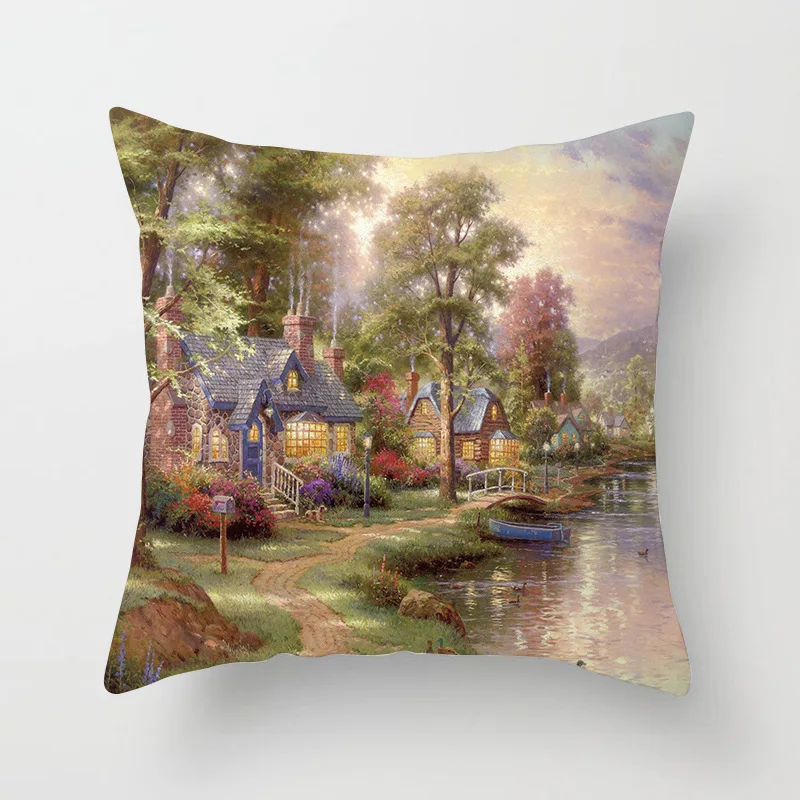 Новинка наволочка для офиса с красивым ландшафтным принтом в виде домика леса