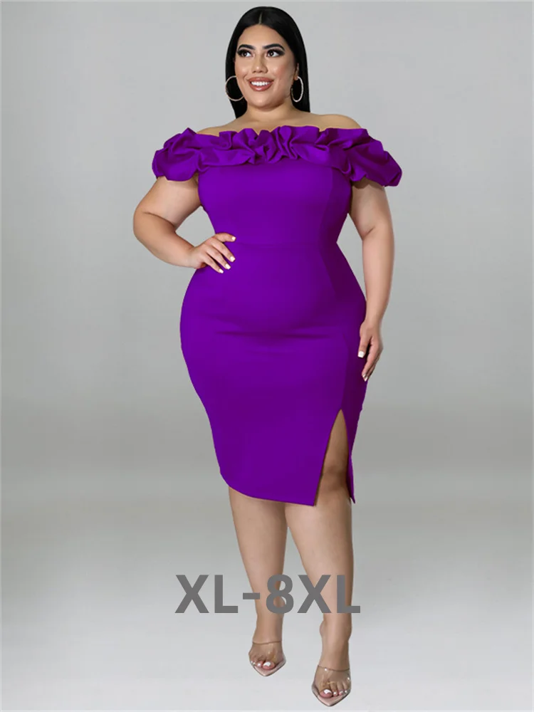 

Plus Size Women Clothing Party Dresses Summer Ruffles Off Shoulder Solid Bodycon Elegant Midi Dress Sum 3xl 4xl 5xl 6xl