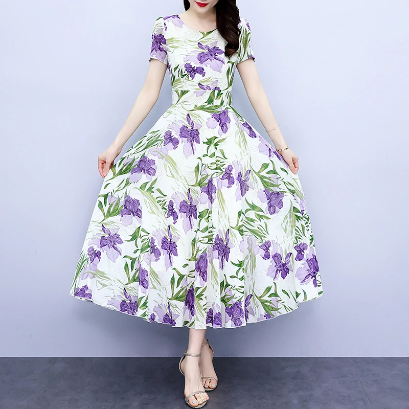 

Bohemian Women's Temperament Chiffon Dress Sub-summer Women's Long Paragraph Large Swing Around V-neck Purple Floral Beach Dress