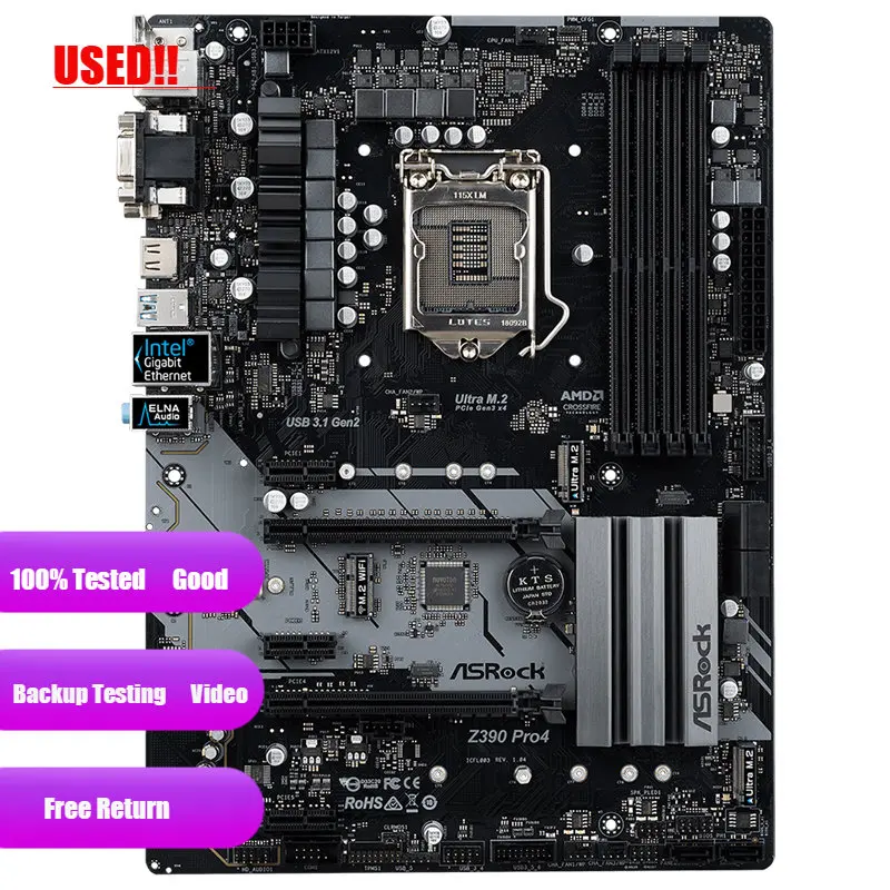 

Б/у Материнская плата ASRock Z390 Pro4, оригинальная настольная материнская плата 1151 Z390, разъем LGA1151 DDR4 SATA3 USB3.0 M.2