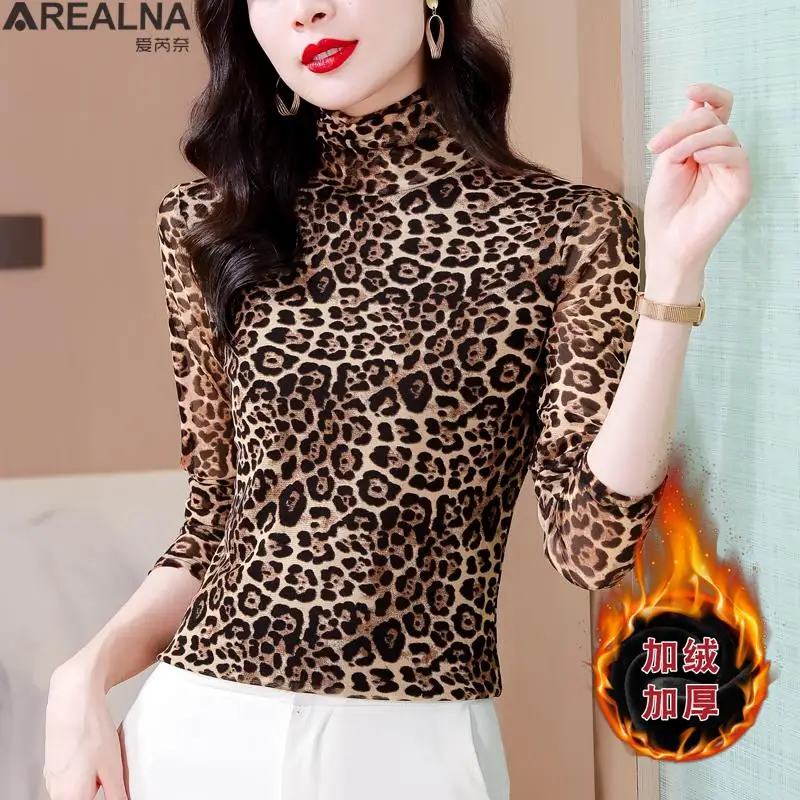 

Blusa mujer moda 2023 Winter Turtleneck Velvet warm blouse women tops elastic Fashion long sleeve Leopard sexy shirts camisas