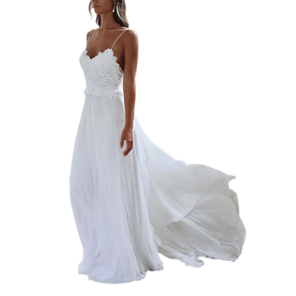 Женское шифоновое платье It's yiiya белое пляжное в богемном стиле на бретельках с