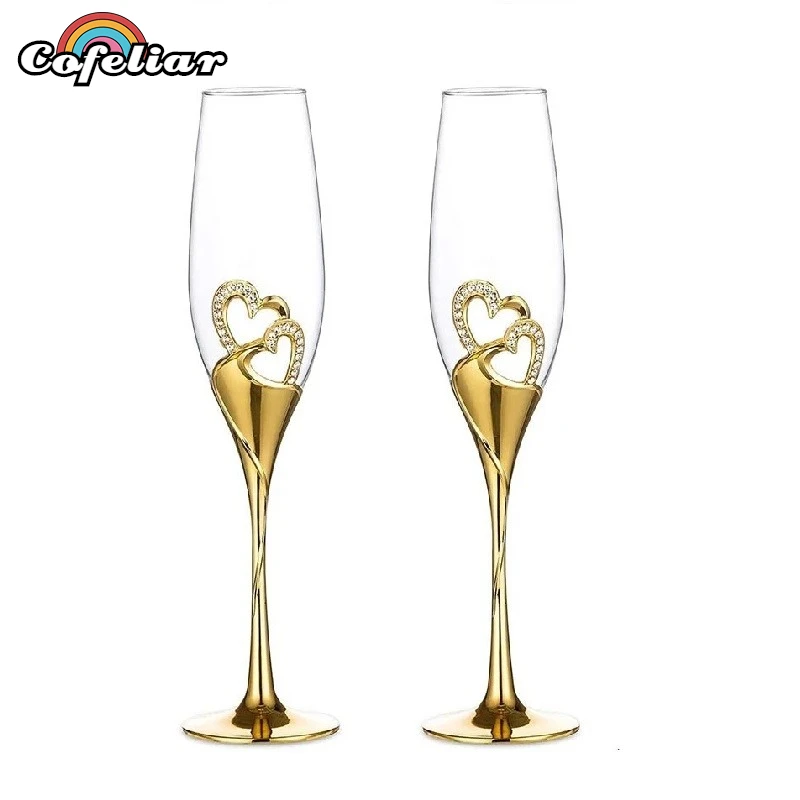 

2pcs 200ml Wedding Champagne Glass Set Hearts Gold Toasting Flute Wine Glass Goblet Party Lover Anniversary Valentine's Day Gift