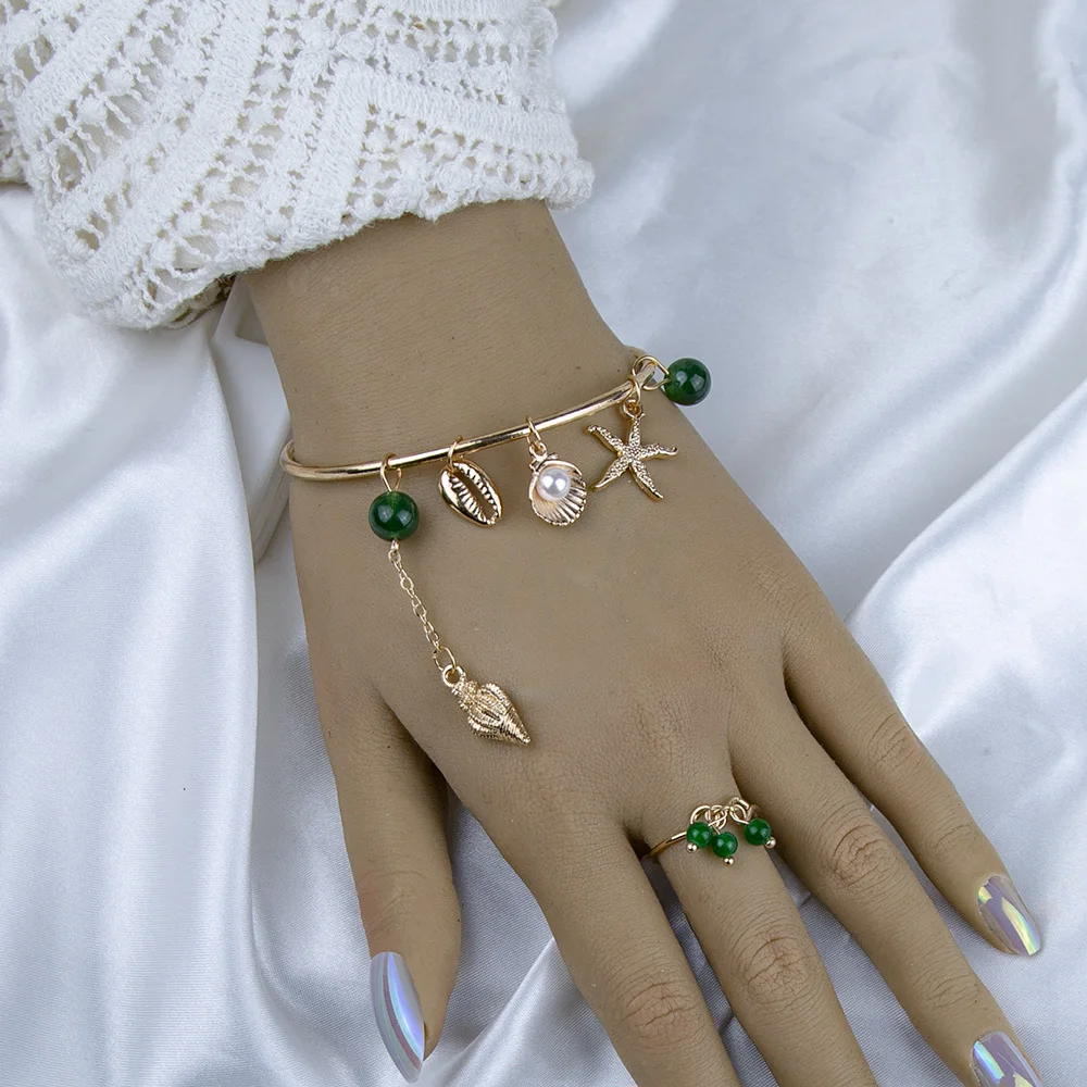 

Bohemia Alloy Bangle for Women Trendy Jewelry Set Rings and Adjustable Opening Bangle Mini Shells Pendants Bracelet Daily Wear