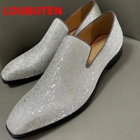 loubuten new arrival silver bling glitter loafers designer slip on men dress shoes handcrafted red bottom party wedding shoes