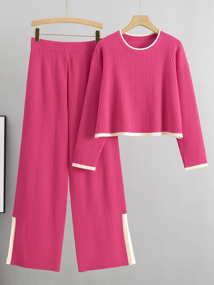 DEAT 2024 Осенний вязаный комплект из 2 предметов с круглым вырезом и длинными