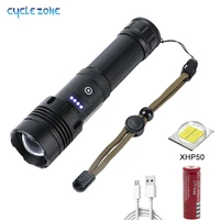 cyclezone led xhp50 rechargeable flashlight with power bank waterproof torch light for running camping 7 modes zoomable light