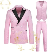 szmanlizi double breasted pink floral men suits slim fit formal groom prom dress male wedding tuxedos 3 pieces blazerpantvest