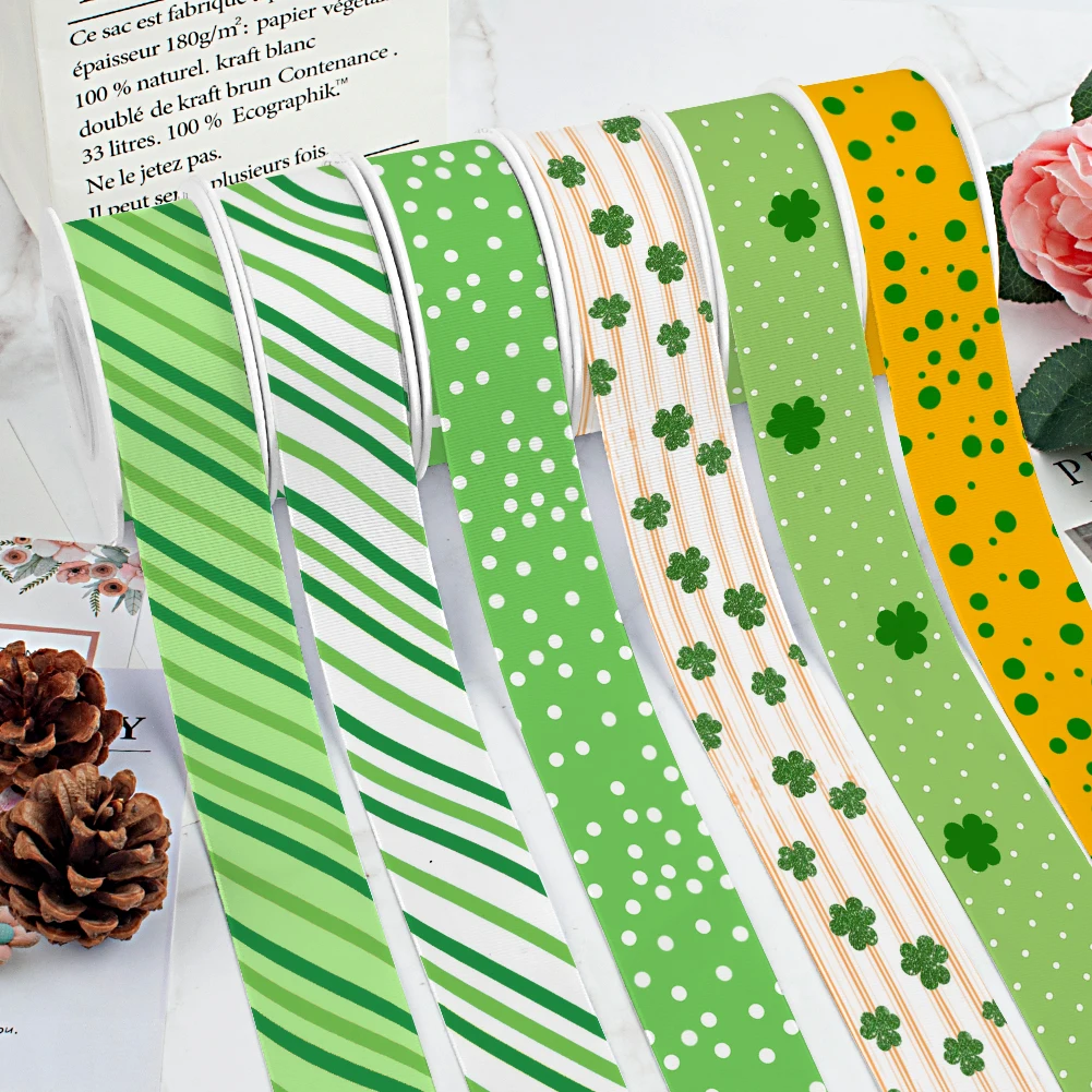

St. Patrick's Day Stripe Lattice Dots Printed Grosgrain Satin Ribbon for Gift Wrapping Hair Bow Craft Accessory 50 Yards