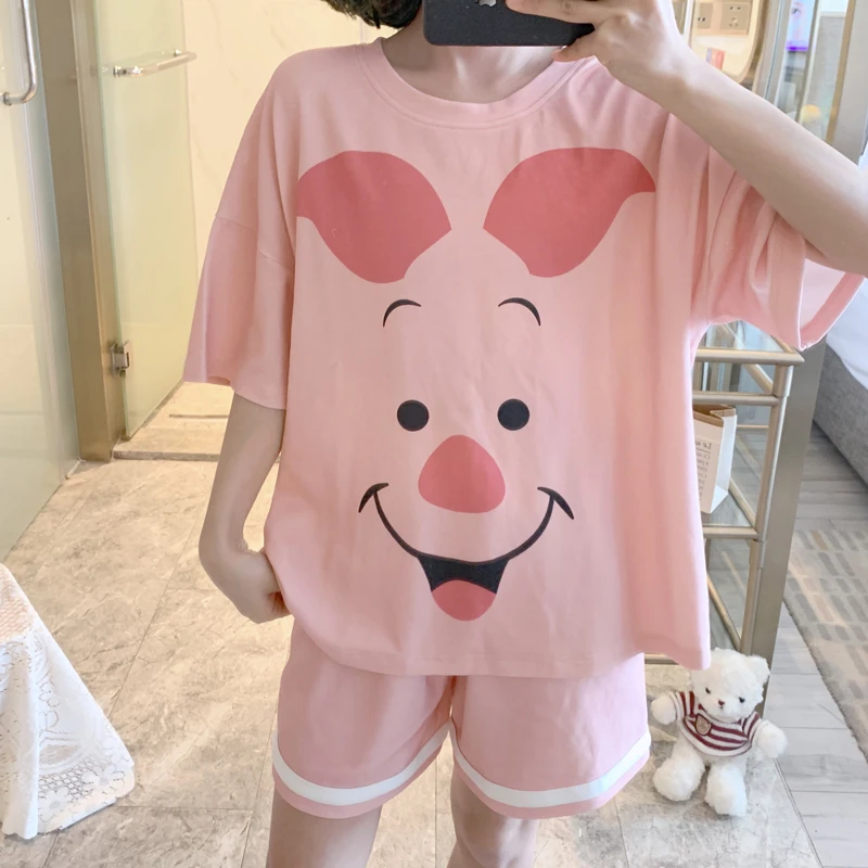 Summer Woman Pajama Set Short Sleeve Tops Japan Anime Piglet Cartoon Nightwear Leisure Wear Home Clothes Ins Pink Girls Pyjama