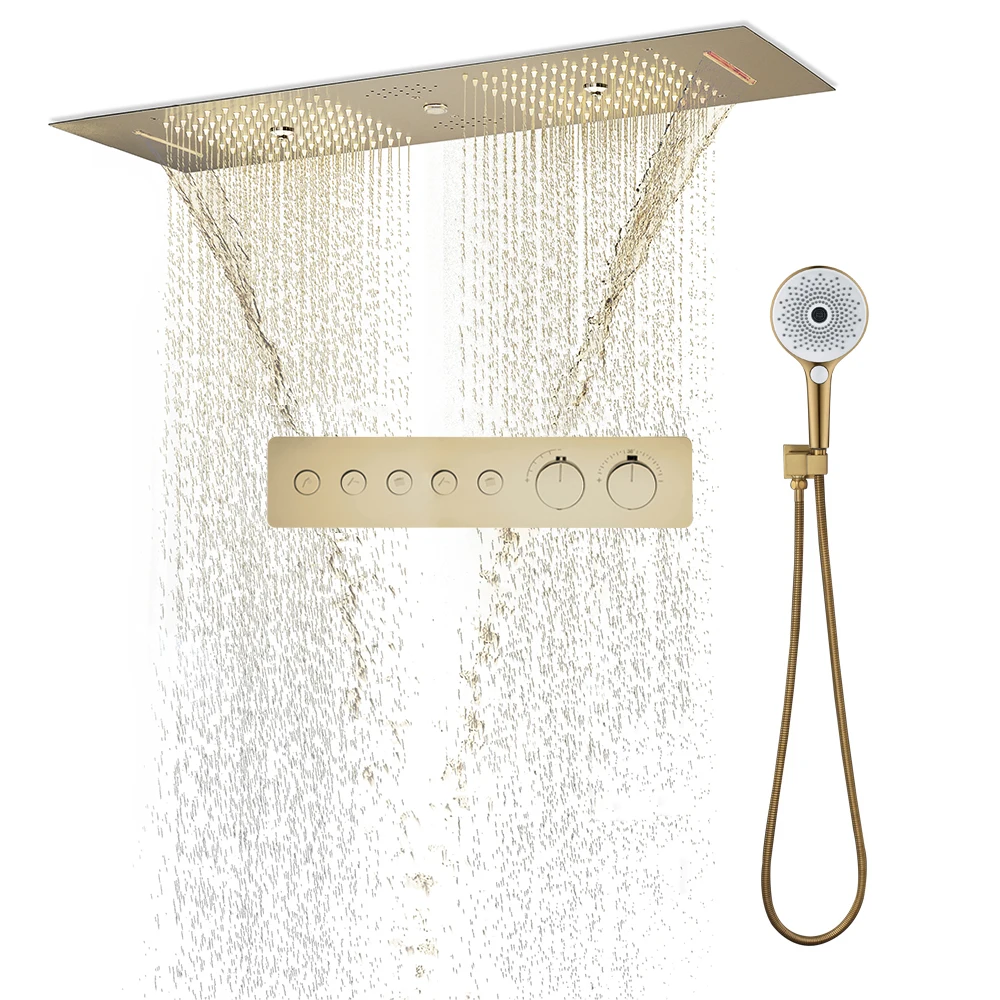 

Concealed Shower System Brushed Gold Bathroom Mixer Brass Showers Faucets Set Bluetooth Music LED Showerheads Panel Rain Large