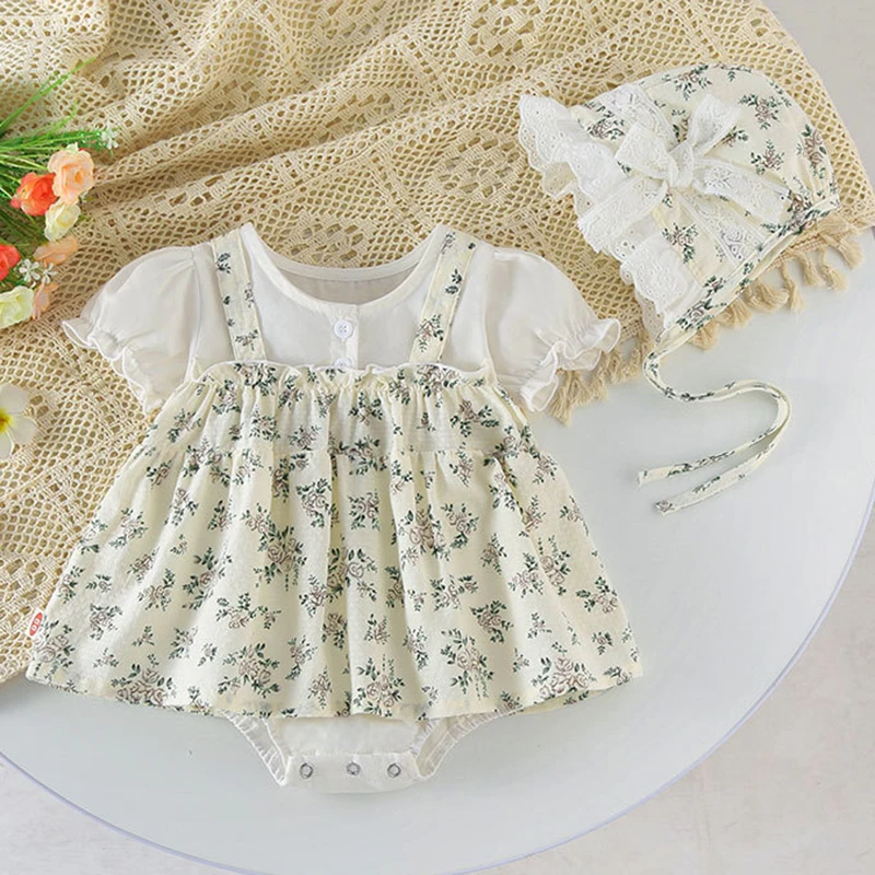 Summer Infant Baby Girls Jumpsuit+Hat Short Sleeve Cotton Printing Splicing Newborn Baby Girls Bodysuits Baby Girl Clothing