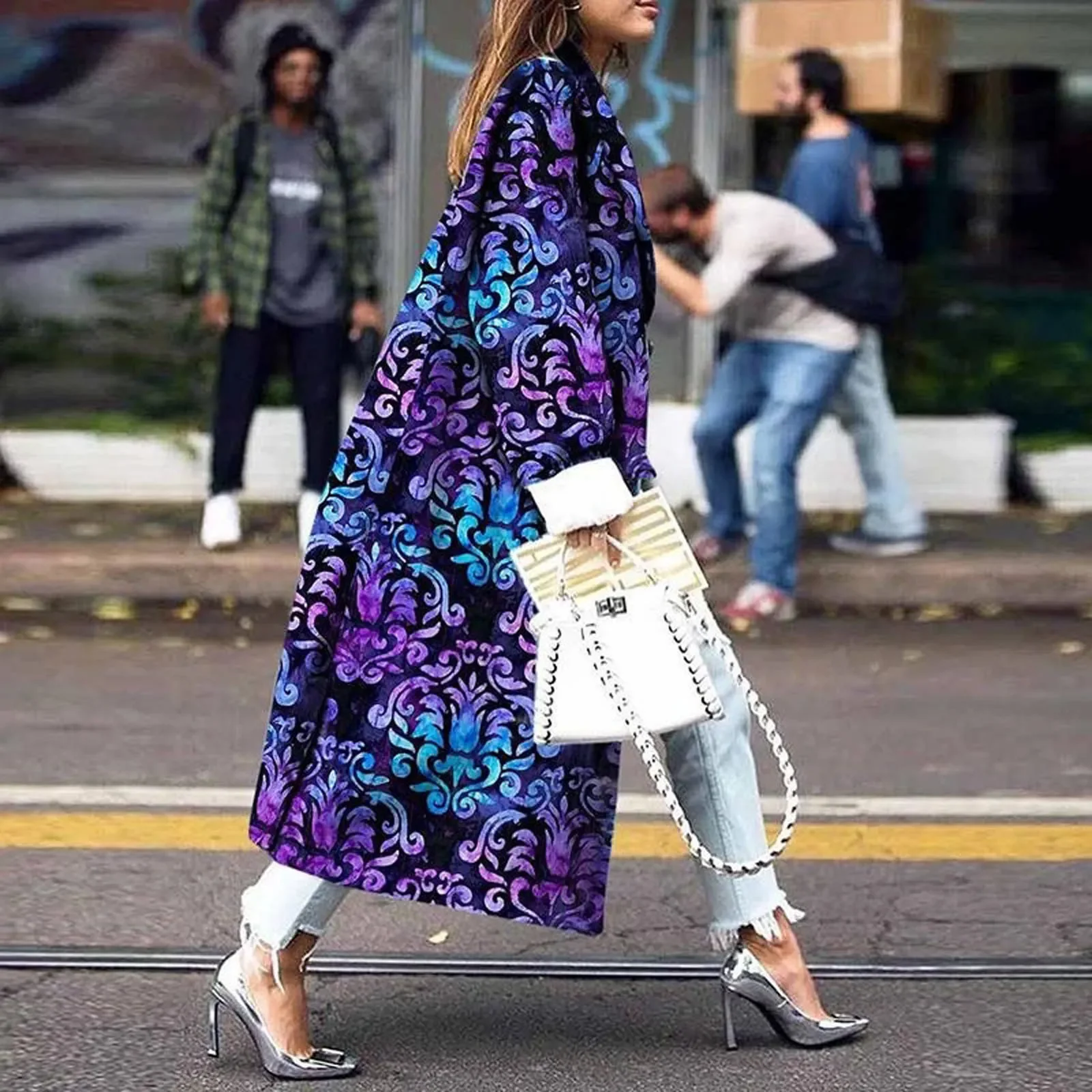

Jacket Leather Women's Long Coat Fashion Color Printed Coat Pocket Double Breasted Long Sleeve Coats Windproof Cardigan Coat