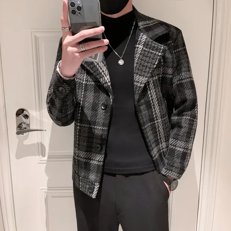 

Men's Plaid Woolen Overcoat Men's Loose Notched Single-Breasted Short Coat Tide Autumn Winter Korean Fashion Woolen Coat