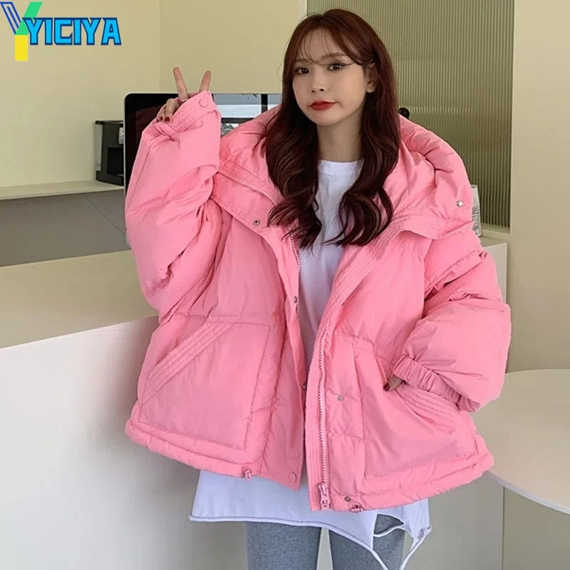YICIYA Winter New Women Thickened Warm Bread Jackets Student Loose Bat Sleeved Streetwear Solid Casual Coat Tops With Hooded Y2k