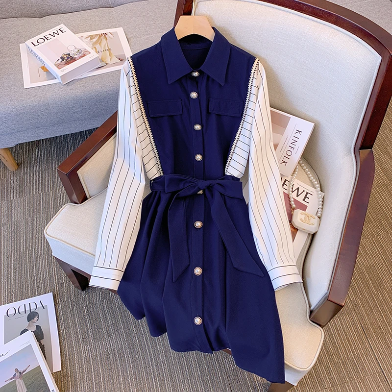 

Pearl single breasted Elegant Party Dress Long Sleeve Stripe Turn Down Collar Blue Knee Dresses For Women Autunm Vestido Robe