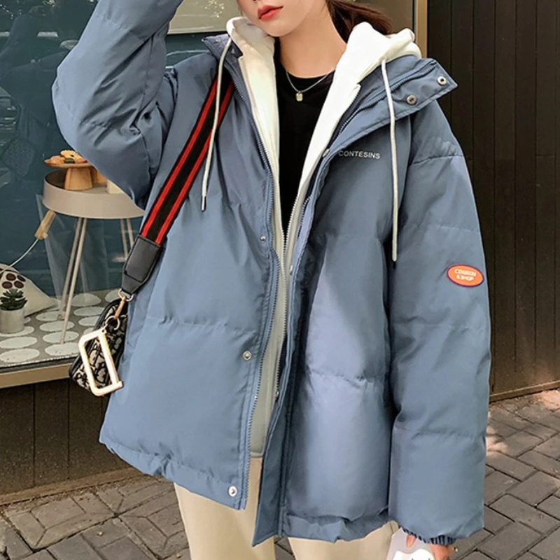Casual Hooded Bubble Coats Winter Jacket Overcoat Women Thick Down Cotton Padded Short Parkas Female Solid Color Loose Outerwear