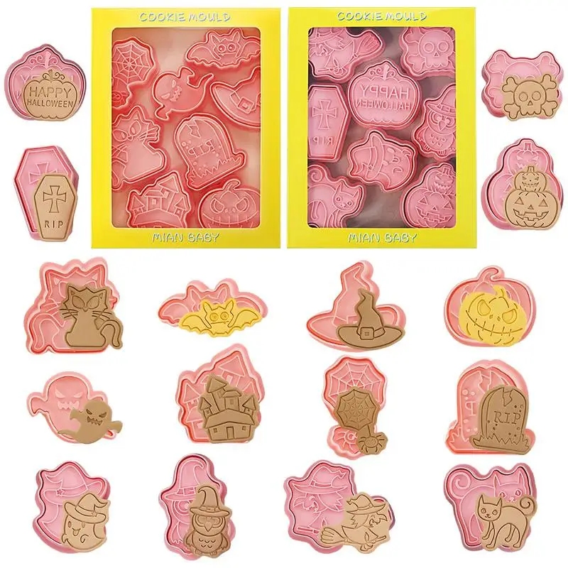 

Halloween Cookie Cutters Pressable Biscuit Stamp Mold Pumpkin Ghost Moulds 16PCS DIY Cookies Bakeware Kitchen Accessories