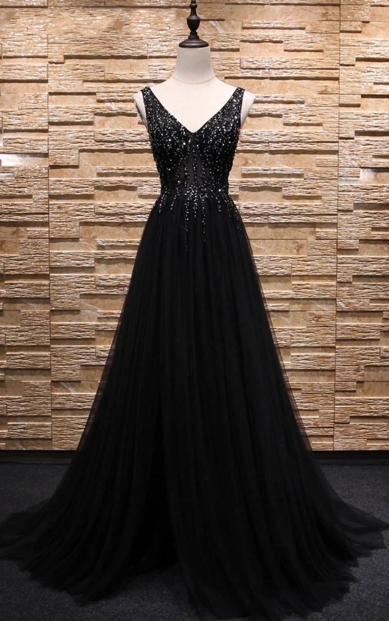 

Черные вечерние платья ANGELSBRIDEP с V-образным вырезом, фатиновые платья с разрезом сбоку, официальные женские платья для выпускного вечера