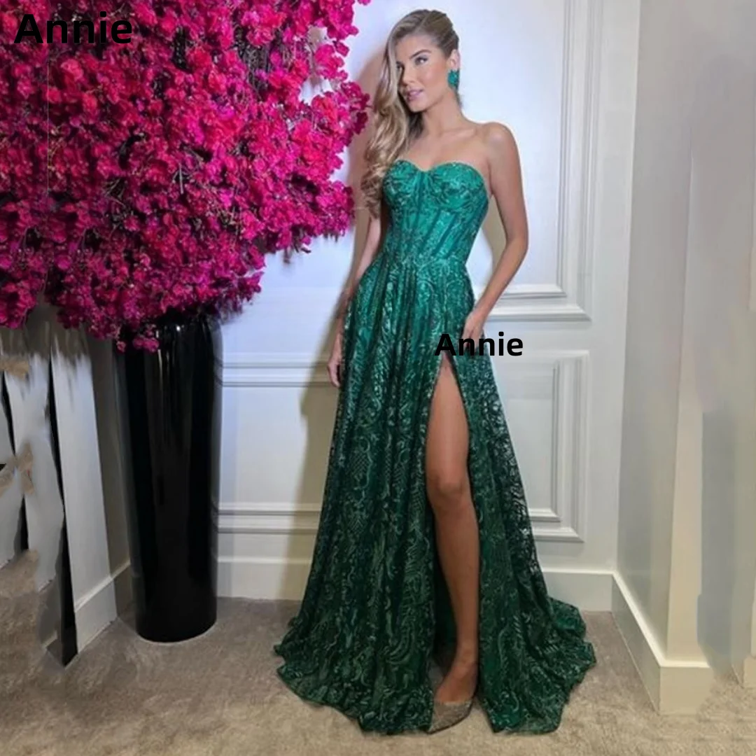 

Annie Sexy Strapless Prom Dresses Green slit Party Dresses ground length 2023 Vestidos De Noche فساتين للحفلات الراقصة