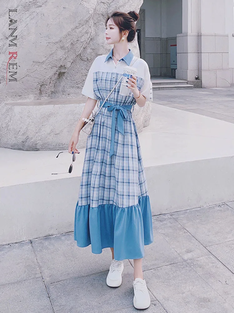

LANMREM Blue Plaid Long Dress For Women Ruffled Hem Short Sleeve Lace-up Single Breasted Loose 2022 Summer Female Clothing 2I459