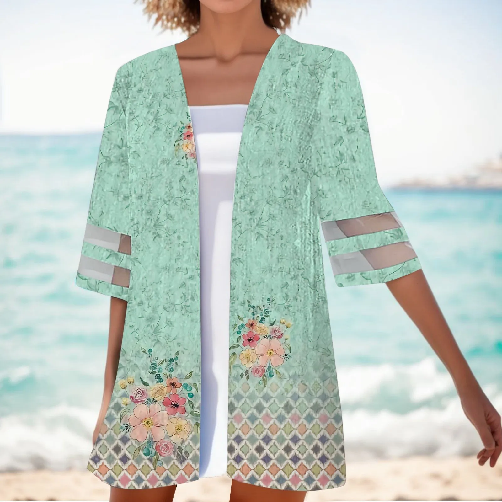 

Женский Повседневный Свободный кардиган с принтом, Кружевной Жакет с рукавами семь минут и V-образным вырезом, кардиган для женщин