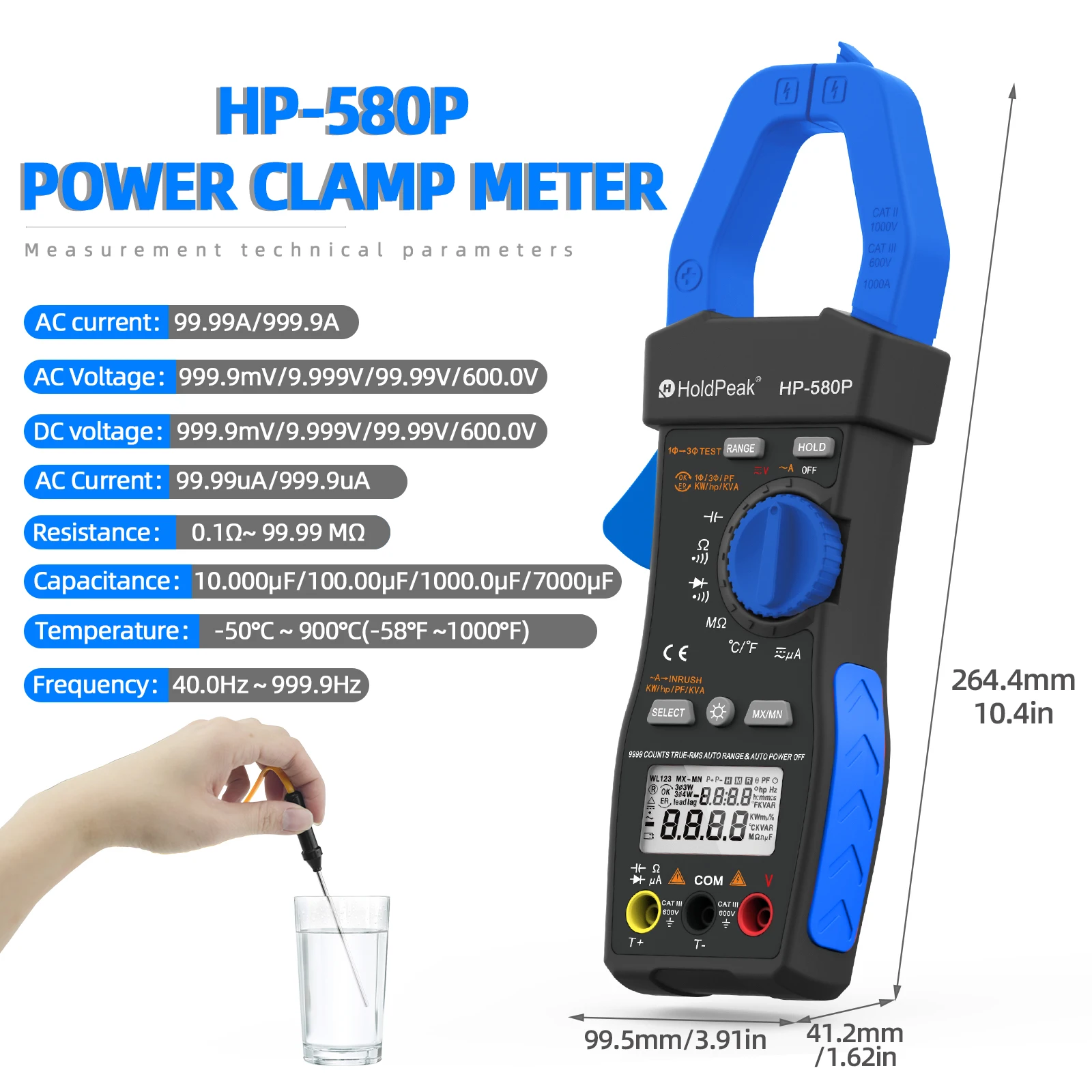 HOLDPEAK HP-580P Three-Phase  Clamp Meter 9999 Display Power Tester Meter In-Rush Current,True RMS,ACV,ACA,KW,KVA,for HVAC