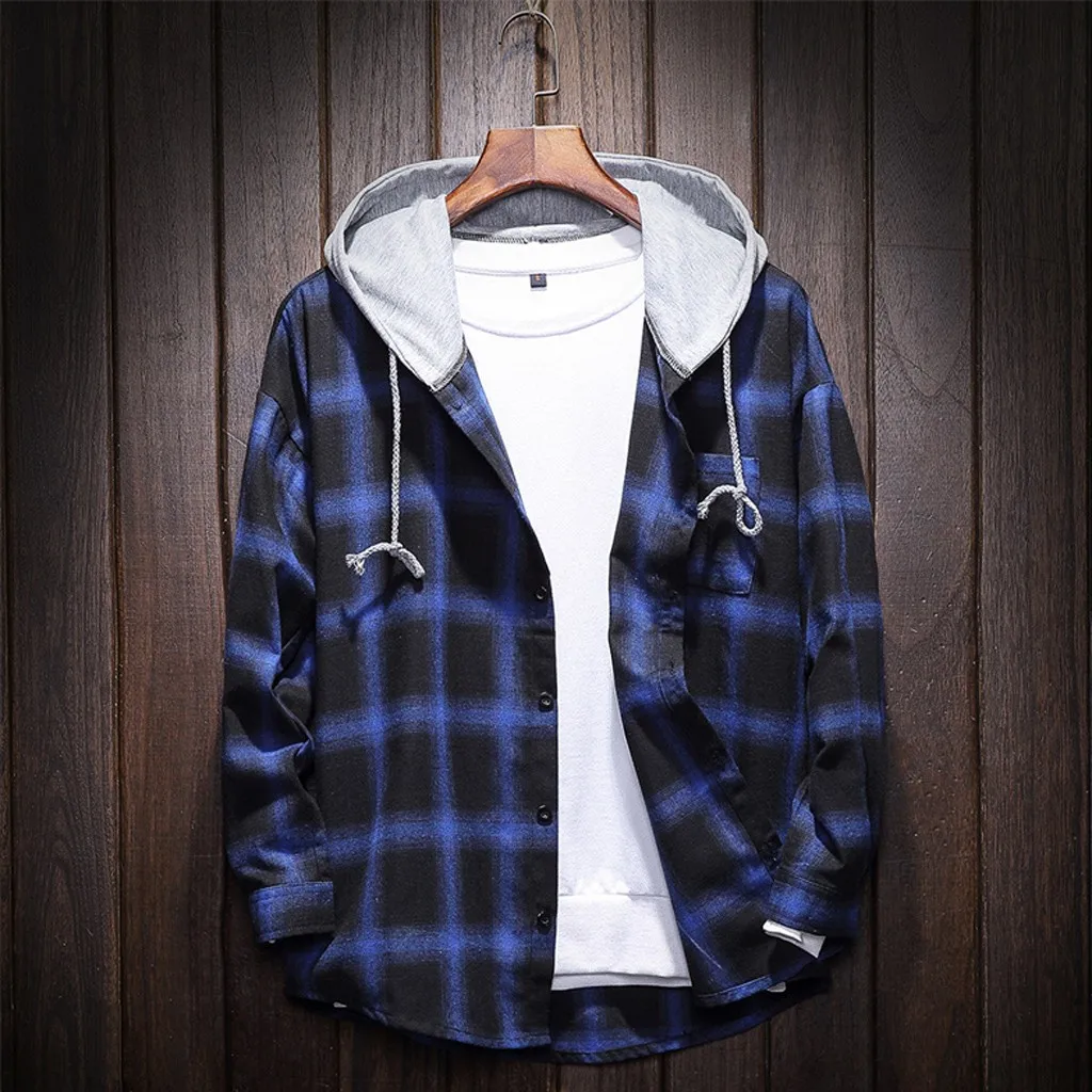 

Button down Pajama Shirt Fashion Men's Casual Pliad Slim Long Sleeve Dress Hooded Shirt Blouse Cotton Long Sleeve Workout Shirt
