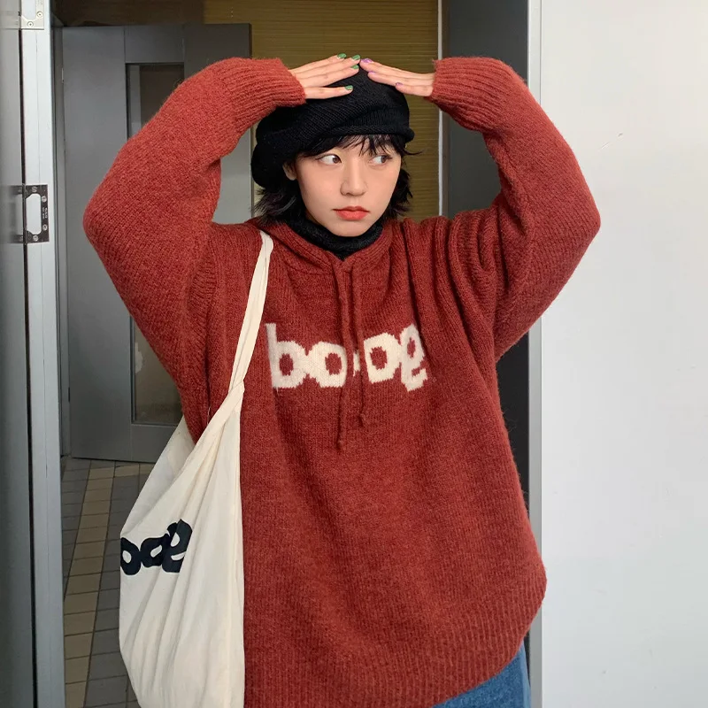 

Retro Gentle Style Outside Wearing Lazy Advanced Sense of Solid Color Jacquard Loose Casual Hooded Knit Sweater Woman
