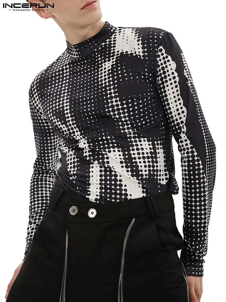 

Новинка, Мужская блузка в американском стиле с абстрактным принтом и высоким воротником, модные хорошо облегающие рубашки с длинным рукаво...